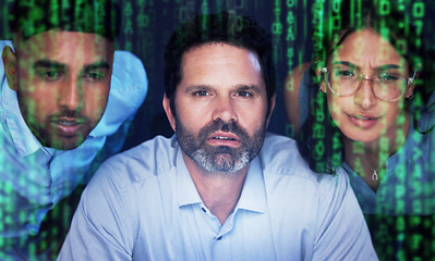 Image showing Face, cyber security or programmer team thinking at night on UX SEO software, web design or database coding. Collaboration, diversity or developer for programming, data analysis or digital code