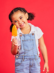 Image showing Child, happy and ice cream on isolated red background with fashion, cool and trendy clothes for summer holiday, break or vacation. Smile, kid and girl with lolly, cold sweet and food for heat relief