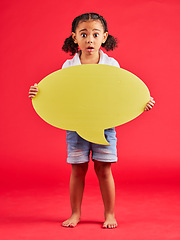 Image showing Shocked, child or portrait of speech bubble ideas, opinion or vote on isolated red background in social media news or wow face. Surprised, girl or kid on banner paper, mockup poster or omg review