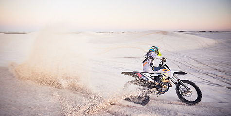 Image showing Bike, sand landscape or man speed on motor cross for sport workout, sunset ride or exercise on hill. Nature, sky or man riding for speed adventure in Dubai desert for training, fitness or race energy