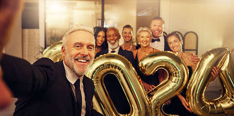 Image showing Selfie, new year and celebration with a business man and team taking a picture at an office party. Portrait, photograph and event with a mature male employee and colleague group celebrating at work