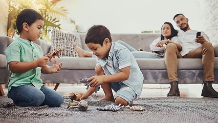 Image showing Dinosaurs, family or children play with toys for development growth with mother and father relaxing watching tv. Education, siblings or young boys playing fun toys or games for kids at home together