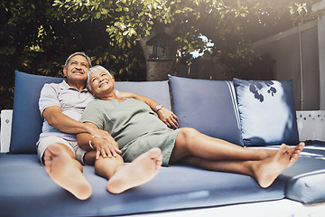 Image showing Senior, couple and old people relax on retirement with love, care and support on vacation or holiday. Lovers, pensioner and elderly man and woman enjoying sitting together with happiness in marriage