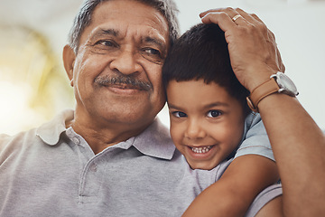 Image showing Hug, family and portrait of child with grandfather enjoy weekend, holiday and vacation together at home. Love, happy and face of grandfather and boy smile for relaxing, bonding and spend quality time