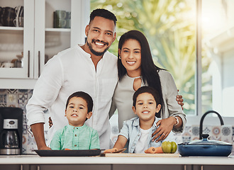 Image showing Cooking, happy and portrait of family in kitchen for food, learning and support. Help, nutrition and health with parents teaching children with salad for lunch for wellness, bonding and vegetables