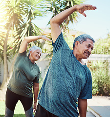 Image showing Fitness, yoga and health with a senior couple outdoor in their garden for a workout during retirement. Exercise, pilates and lifestyle with a mature man and woman training together in their backyard