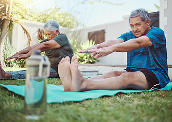 Image showing Fitness, yoga and senior couple stretching for exercise, zen and relax in a garden, peace and calm. Stretch, workout and elderly man with woman in a yard for training, pilates and cardio in Mexico