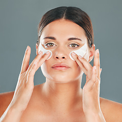 Image showing Skincare, eye patch and portrait of woman, beauty and dermatology on studio background. Female model, face and eyes with gel for dark circles, body cosmetics and wellness of facial collagen treatment