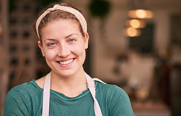 Image showing Face portrait, small business owner and woman in shop or store ready for hard work, job or career goals. Boss, manager and confident, happy and proud female employee from Canada with success mindset.