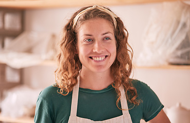 Image showing Face, thinking and startup with a woman entrepreneur working in her small business pottery workshop. Idea, studio and creative with a happy female designer at work as a ceramic artisan or potter