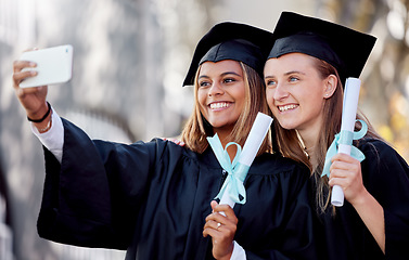 Image showing Woman students, graduation selfie and smile for education success, goal and happiness on social media app. Friends, university or college with smartphone at celebration of study, goals and support