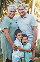 Image showing Grandparents, family children and garden portrait in outdoor wellness, love and hug for summer, holiday and retirement. Senior, old people with excited kids in Mexico smile on face in nature or park