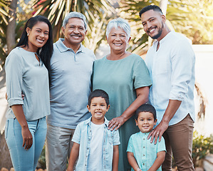 Image showing Big family, children and garden portrait with outdoor wellness, love and hug for summer, holiday and retirement. Grandparents, happy couple and kids in Mexico with smile on face in nature or park