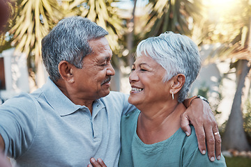 Image showing Senior, selfie and outdoor couple with love, happiness and care with a smile in garden. Happy retirement, profile picture and hug of elderly people enjoying life and marriage in summer feeling relax