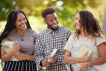 Image showing University students, friends and group laughing at park outdoors after learning business management. Scholarship books, education and happy people, man and woman laugh at funny joke or comic comedy.