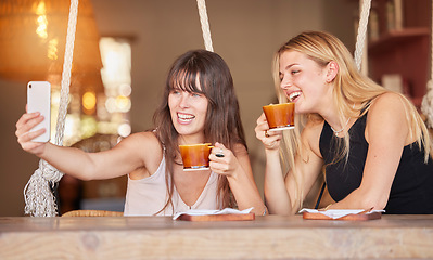 Image showing Selfie, friends and coffee with women in cafe for happiness, social media and lunch break. Summer, reunion and technology with girl and phone at table in restaurant for happy, smile or communication