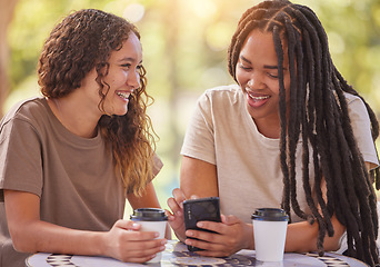 Image showing Phone, university and couple of friends on social media, chat notification or funny meme at campus cafe. Coffee shop, students or happy black people on smartphone, conversation and online networking