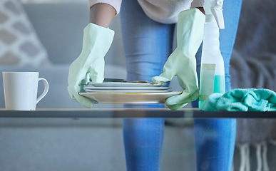 Image showing Cleaning, dishes and plates of cleaner hands for services, career and startup business with living room table. Hospitality, hotel or housekeeper person with gloves, spray bottle and detergent product