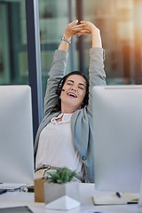 Image showing Call center, woman and tired with stretching in office by computer with smile, relax or customer service. Crm expert, telemarketing and consulting for tech support with stress relief, muscle or happy