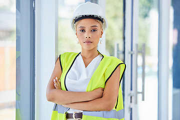 Image showing Portrait, engineering contractor or black woman in architecture career vision, leadership and goals. Proud, values and safety of construction worker, person or manager with building or design mission