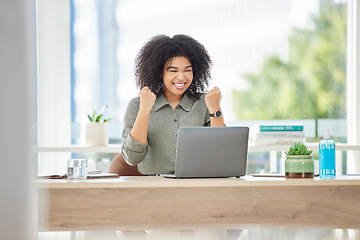 Image showing Success, winning and black woman with laptop in office reading email with news of bonus, promotion or deal announcement. Happy, sales target prize and winner employee celebrating on office with smile