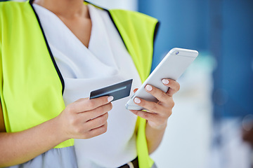 Image showing Phone in hands, ecommerce and credit card with woman in construction with online shopping, payment zoom and bank app. Internet, banking and finance with service and contractor with stock purchase