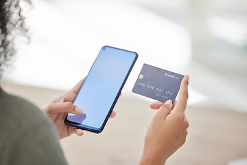 Image showing Phone screen, woman with credit card and ecommerce with online shopping zoom, finance and payment with bank app. Service, transaction and customer hands, internet and banking, retail and sale mockup