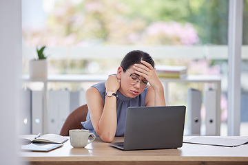 Image showing Migraine, stress and business woman in the office with a laptop working on a project with a deadline. Headache, burnout and tired professional female employee on computer with neck pain in workplace.