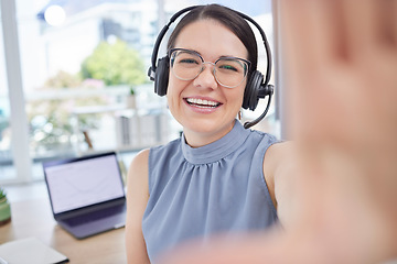 Image showing Selfie portrait, call center and woman with smile in customer support for networking, communication and crm. Contact us, telemarketing and face of female worker with vision, friendly service and help