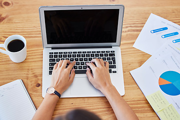 Image showing Top view, woman and typing on laptop mockup, keyboard or blank screen at office desk. Above, hands and business worker on computer for planning data analytics, graphs and internet research on website