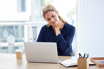 Image showing Workplace stress, business woman with neck pain at desk and reading email on laptop in London office. Receptionist working, young person with burnout or frustrated secretary with crisis at company