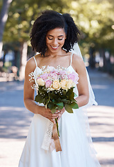 Image showing Happy, wedding and smile with bride and flowers for beauty, celebration and spring event. Happiness, makeup and fashion with black woman and rose bouquet for marriage, party and outdoor ceremony