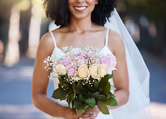 Image showing Happy, wedding and smile with bride and flowers for beauty, celebration and spring event. Happiness, makeup and fashion with black woman and rose bouquet for marriage, party and outdoor ceremony