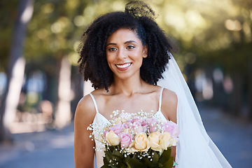 Image showing Happy, wedding and smile with bride and flowers for beauty, celebration and spring event. Happiness, makeup and fashion with black woman and rose bouquet for marriage, party and outdoor ceremony