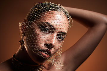 Image showing Fashion, net veil and portrait of woman in studio for designer style, luxury cosmetics and facial accessory. Beauty, aesthetic and face of girl with elegant, vintage and glamour on brown background