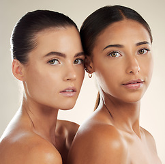 Image showing Portrait, women and friends with skincare, cosmetics and dermatology on studio background. Face detox, female and ladies with makeup, grooming routine and luxury for smooth, soft skin and diversity