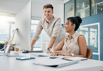 Image showing Discussion, computer and business team working on a project in collaboration in the office. Technology, mentor and professional manager helping an employee with a corporate report in the workplace.