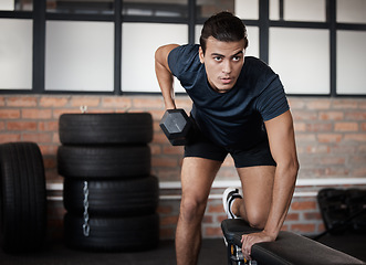 Image showing Fitness, bench and dumbbell with a sports man training in a gym for strong or healthy muscles. Mindset. exercise and weightlifting with a male athlete or bodybuilder in a health club for a workout