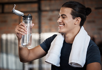 Image showing Fitness, smile and drinking water with man in gym for health, exercise and cardio endurance. Wellness, weightlifting or training with body builder on break in sports center for stamina, detox or diet