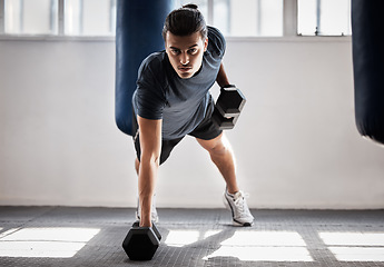 Image showing Exercise, fitness and man with dumbbells for push up in gym for workout, training or exercising. Sports, portrait or male bodybuilder or athlete with dumbbell to pushup for health, muscle or strength