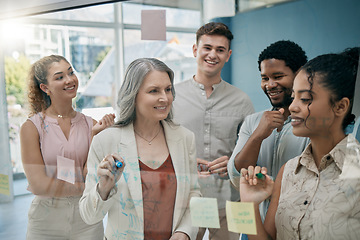 Image showing Teamwork, corporate and staff with idea, project and cooperation in office, diversity or collaboration. Glass, group design or business planning with innovation, conversation or development for goal