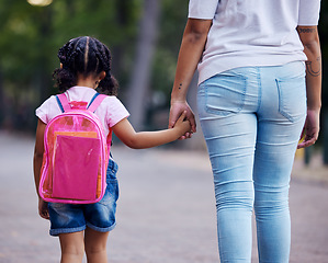 Image showing Holding hands, mom and child walking to school, help and care with support outdoor, education and growth. Kindergarten, development in childhood and backpack, family, woman with girl in the morning