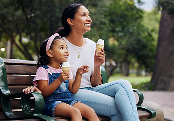 Image showing Summer, park and ice cream with a woman and girl bonding together while sitting on a bench outdoor in nature. Black family, children and garden with a mother and daughter enjoying a sweet snack