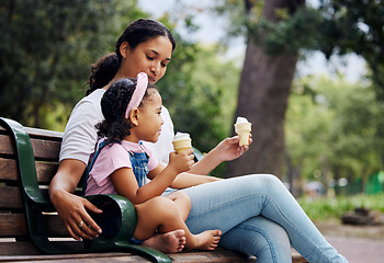 Image showing Summer, garden and ice cream with a mother and daughter bonding together while sitting on a bench outdoor in nature. Black family, children and park with a woman and girl enjoying a sweet snack