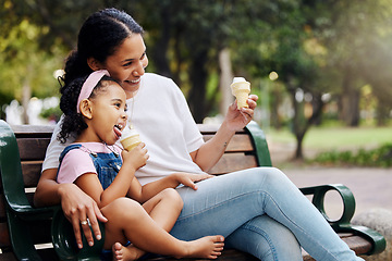 Image showing Summer, park and ice cream with a mother and girl bonding together while sitting on a bench outdoor in nature. Black family, children and garden with a woman and daughter enjoying a sweet snack