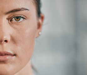 Image showing Fitness, face portrait and woman focus on exercise workout, wellness lifestyle motivation and health commitment. Half, closeup and serious girl with marketing mockup, advertising space or gym mock up