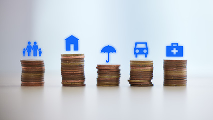 Image showing Coin stack, saving and 3d sign for insurance, financial security and planning for future in home. Investment, money and cash with family, house and car illustration for safety, finance plan and goals