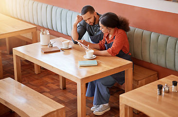 Image showing Retail meeting, coffee shop team and tablet of social media planning of business staff. Digital, online collaboration and seo work on technology of a restaurant management group working on data