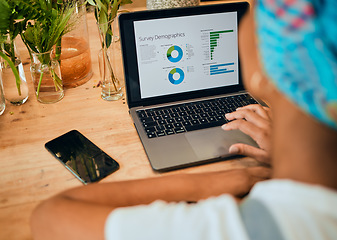 Image showing Chart, laptop or black woman with survey research for sustainable business, sales growth or development. Screen, hand or entrepreneur planning or working on data analytics, graphs or stats analysis