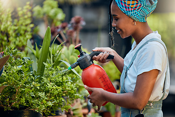 Image showing Water, plants or happy black woman gardening in small business store for healthy leaf or organic flowers growth. Irrigation, agro worker or entrepreneur watering floral agriculture smiles with pride